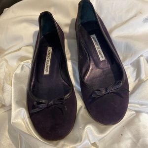 Plum Manolo Blahnik gently worn suede with leather trim and bow